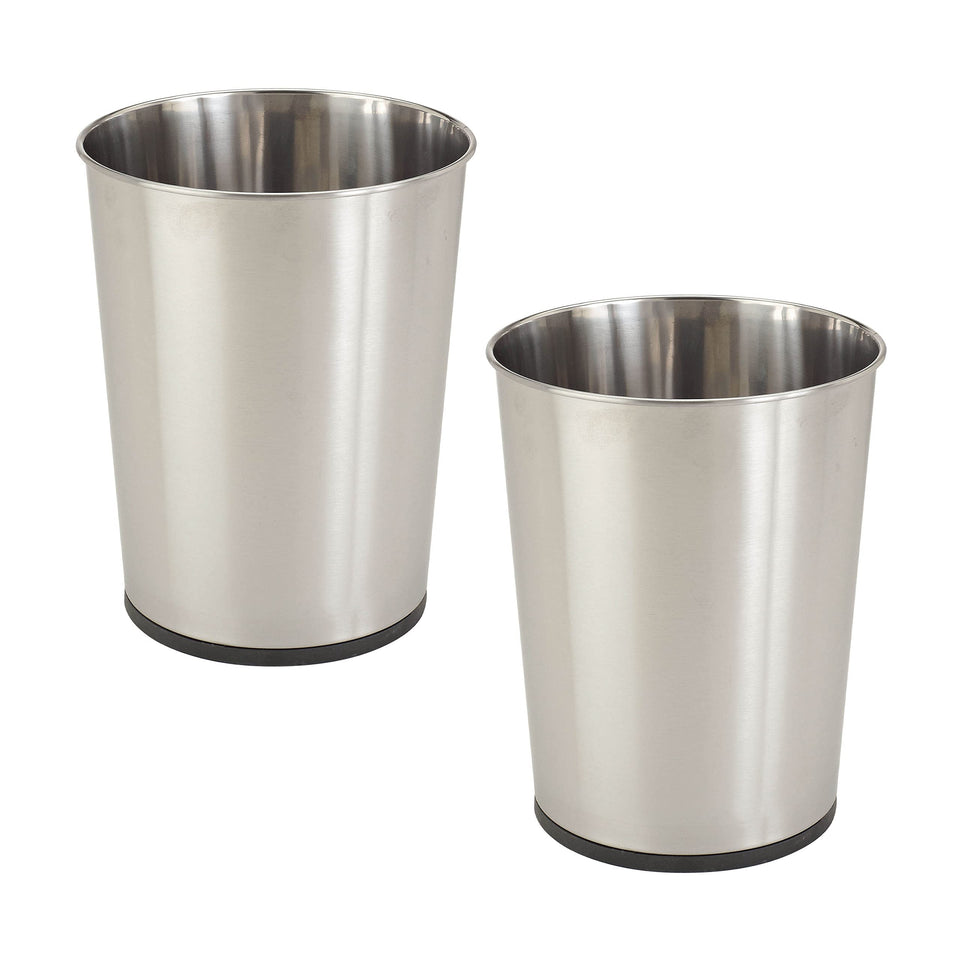 Bath Bliss round open-top wastebasket in stainless steel, ideal for small spaces.