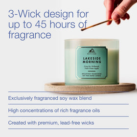 Lakeside Morning wood-grain jar showcases three-wick design.