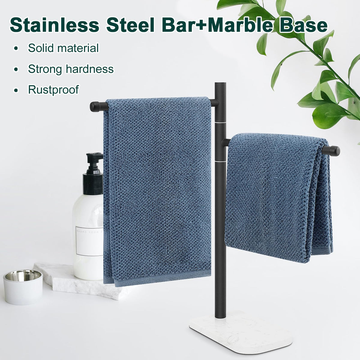 BathAce matte black towel stand complements modern bathrooms while saving counter space.