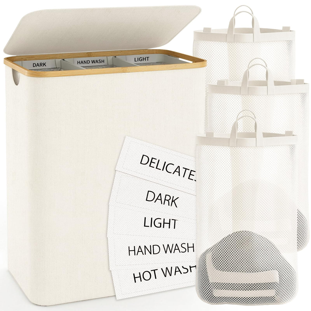 Bathola 160L laundry hamper with lid in beige for organized multi-load sorting.
