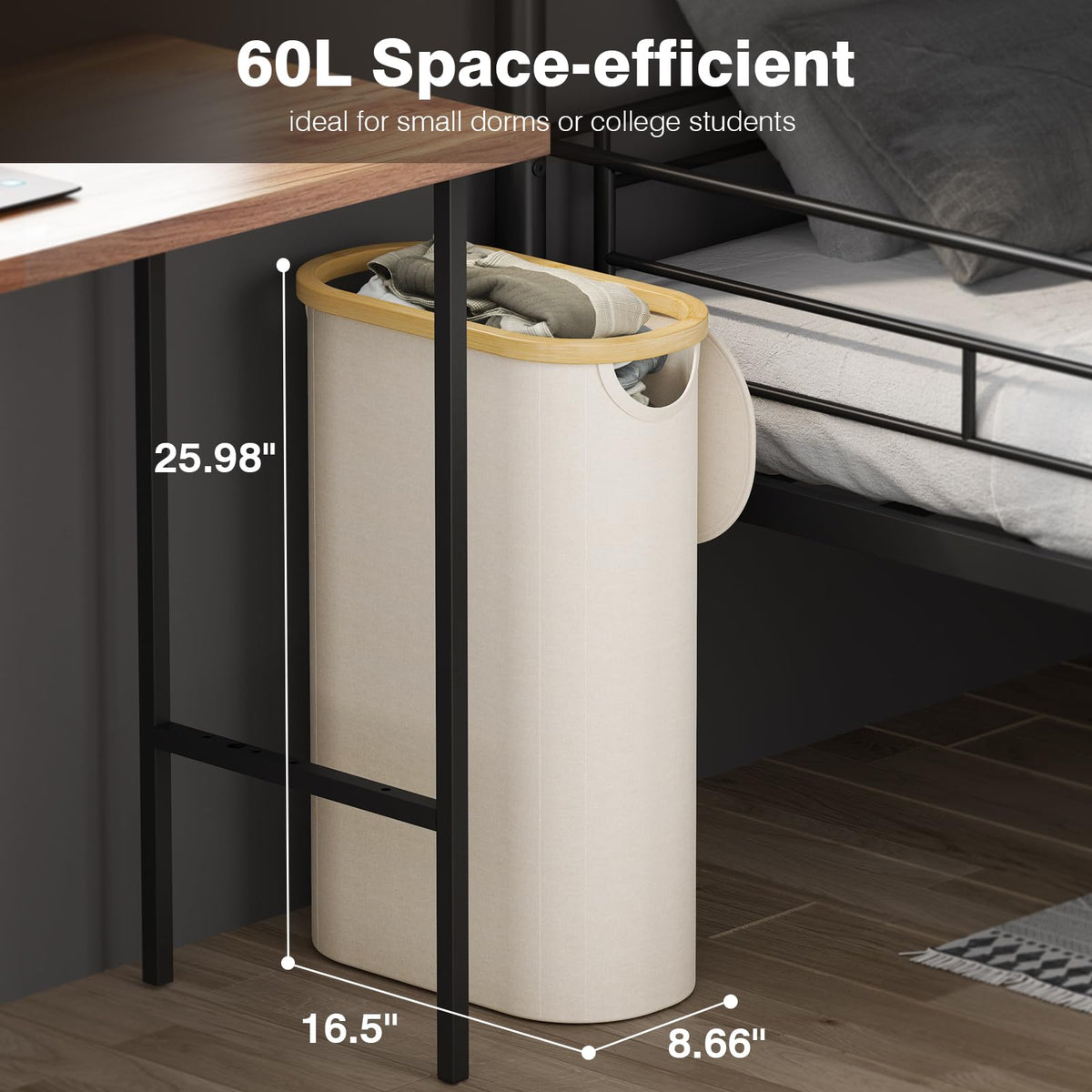 Bathola 60L narrow hamper, space-saving design ideal for bedrooms and closets