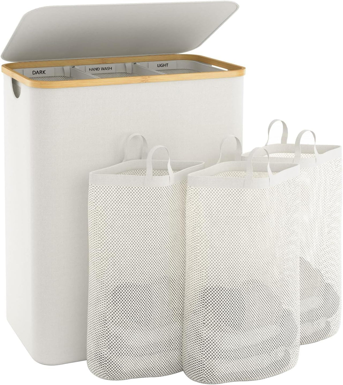 Bathola extra-large laundry basket with lid in beige keeps laundry organized and concealed.