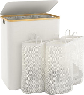 Bathola extra-large laundry basket with lid in beige keeps laundry organized and concealed.