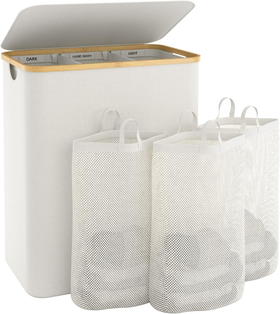 Bathola extra-large laundry basket with lid in beige keeps laundry organized and concealed.