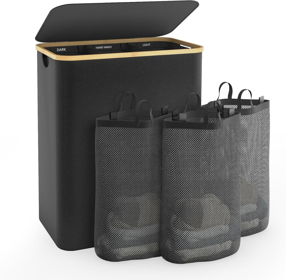 Bathola laundry hamper with lid shows 160L capacity for large families.