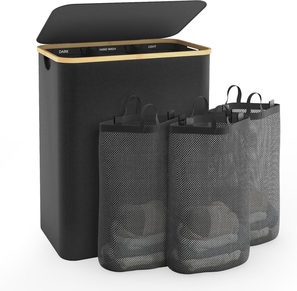 Bathola laundry hamper with lid shows 160L capacity for large families.