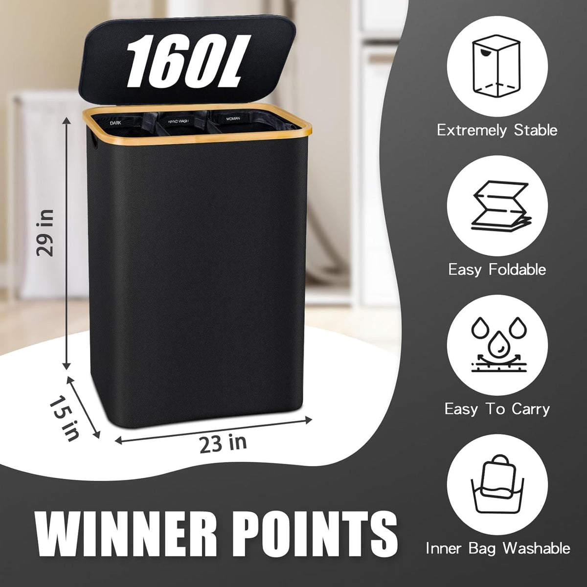 Bathola lid keeps clothes hidden and tidy when not in use.