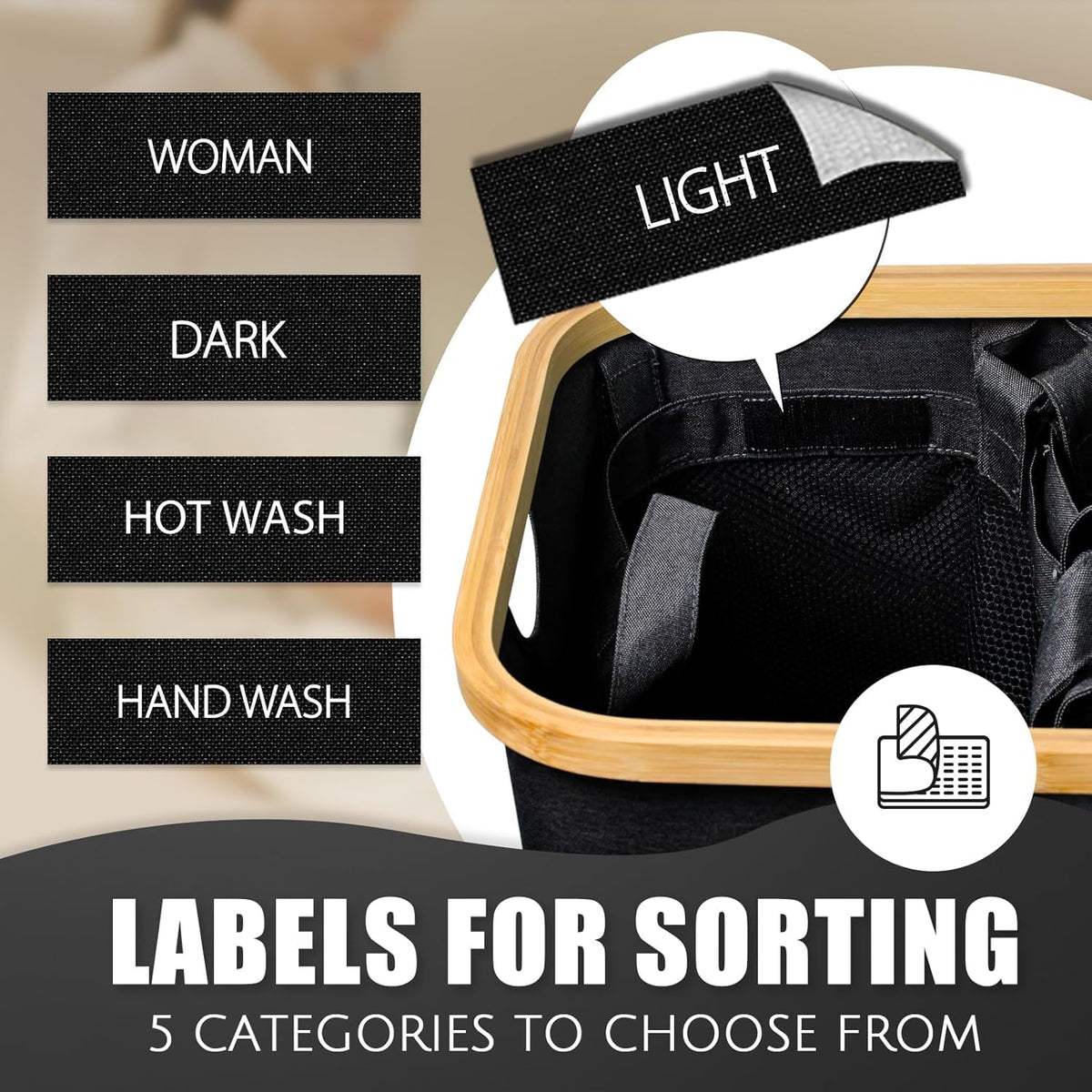 Bathola hamper features three inner bags for efficient pre-sorting.