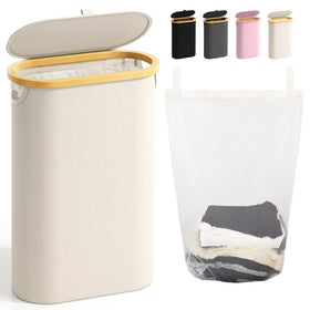 Bathola slim laundry hamper with lid beige, fits tight spaces and keeps laundry dust-free