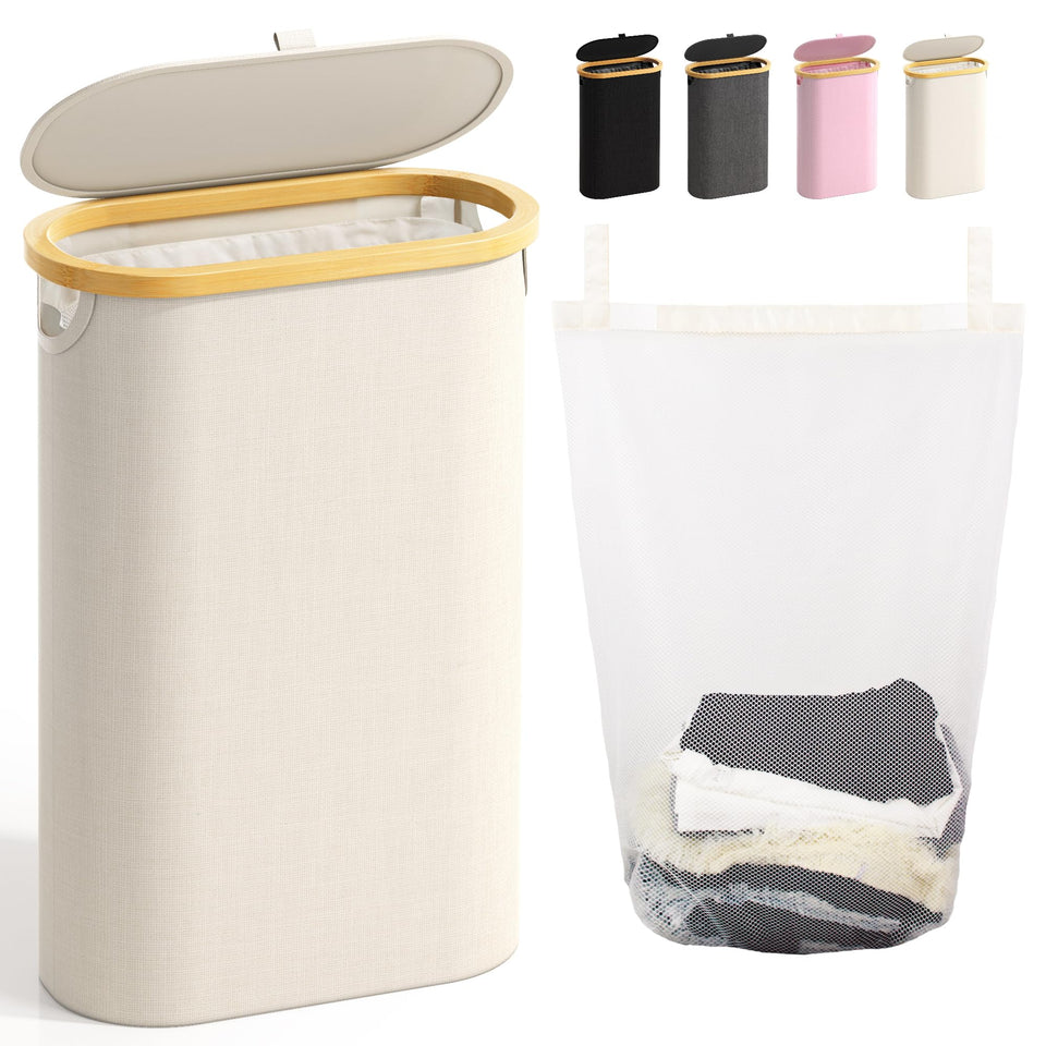 Bathola slim laundry hamper with lid beige, fits tight spaces and keeps laundry dust-free
