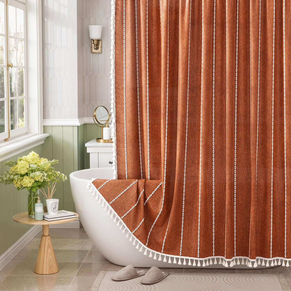 Bathway Farmhouse curtain tassels closeup showcases stylish boho detail for bathrooms