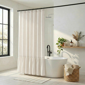Bathway Linen Shower Curtain styled in a modern bathroom creates calm, spa-like vibes.