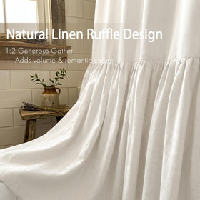 Bathway Linen Shower Curtain in farmhouse-boho style brightens the bathroom.