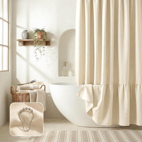 Bathway linen shower curtain with ruffle-hem creates farmhouse spa vibe