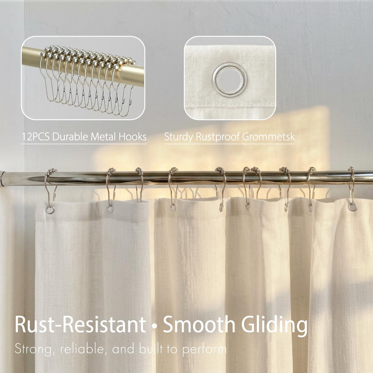 Bathway Linen Shower Curtain neutral tone pairs with wood accents and greenery.