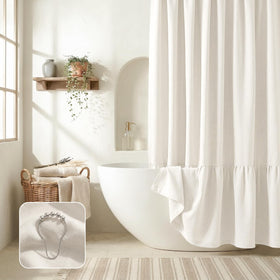 Bathway Linen Shower Curtain with ruffle-hem closeup adds spa-like charm.