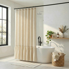 Bathway linen shower curtain soft-beige-tone pairs with wood accents