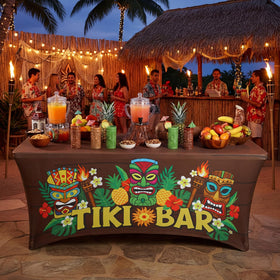 Batiyeer tropical floral tablecover shields tables at luau and beach events