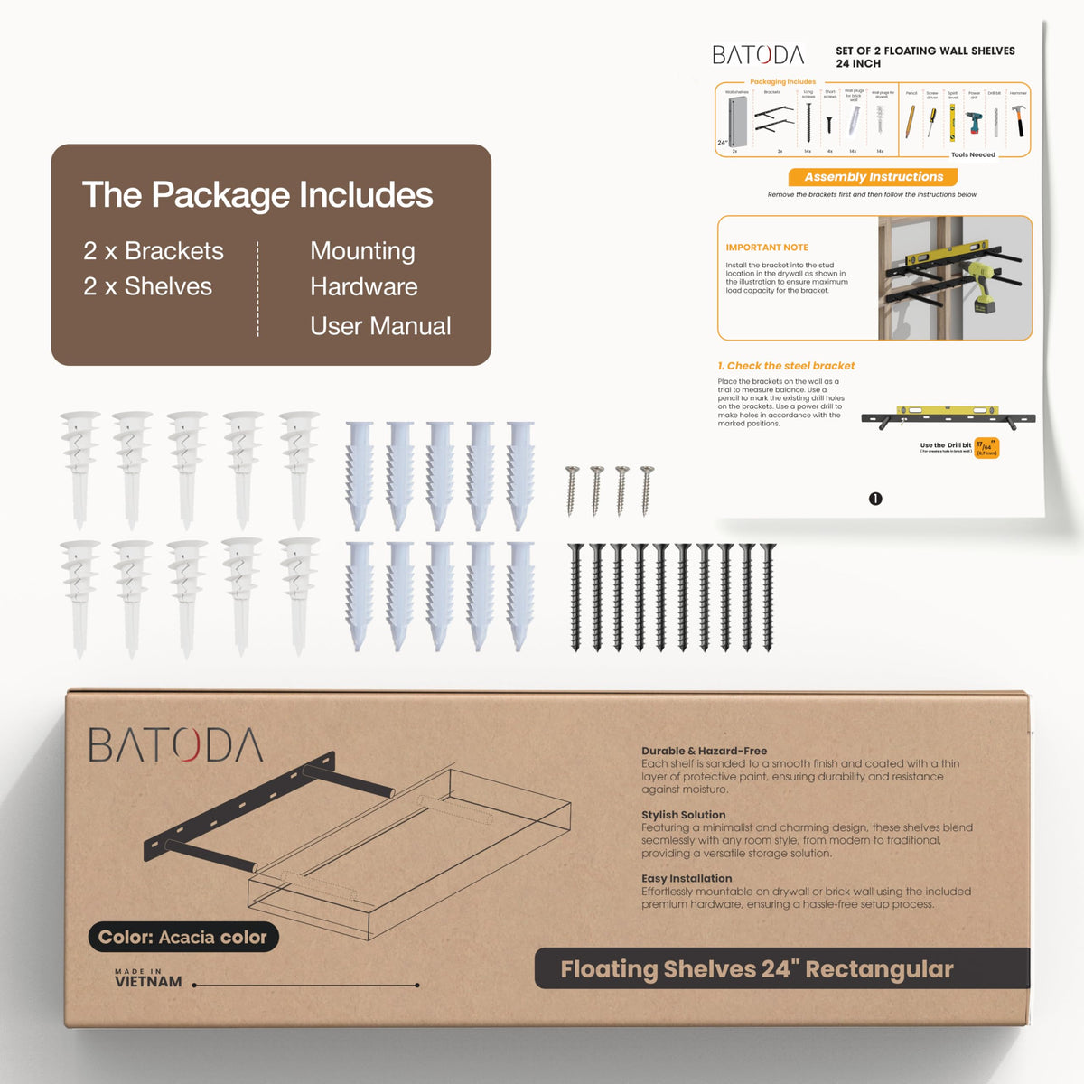 BATODA two-shelf set with brackets and hardware for sturdy display