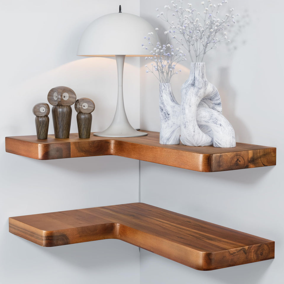 BATODA Acacia corner shelf front view shows sturdy 17x12 inches for organized display