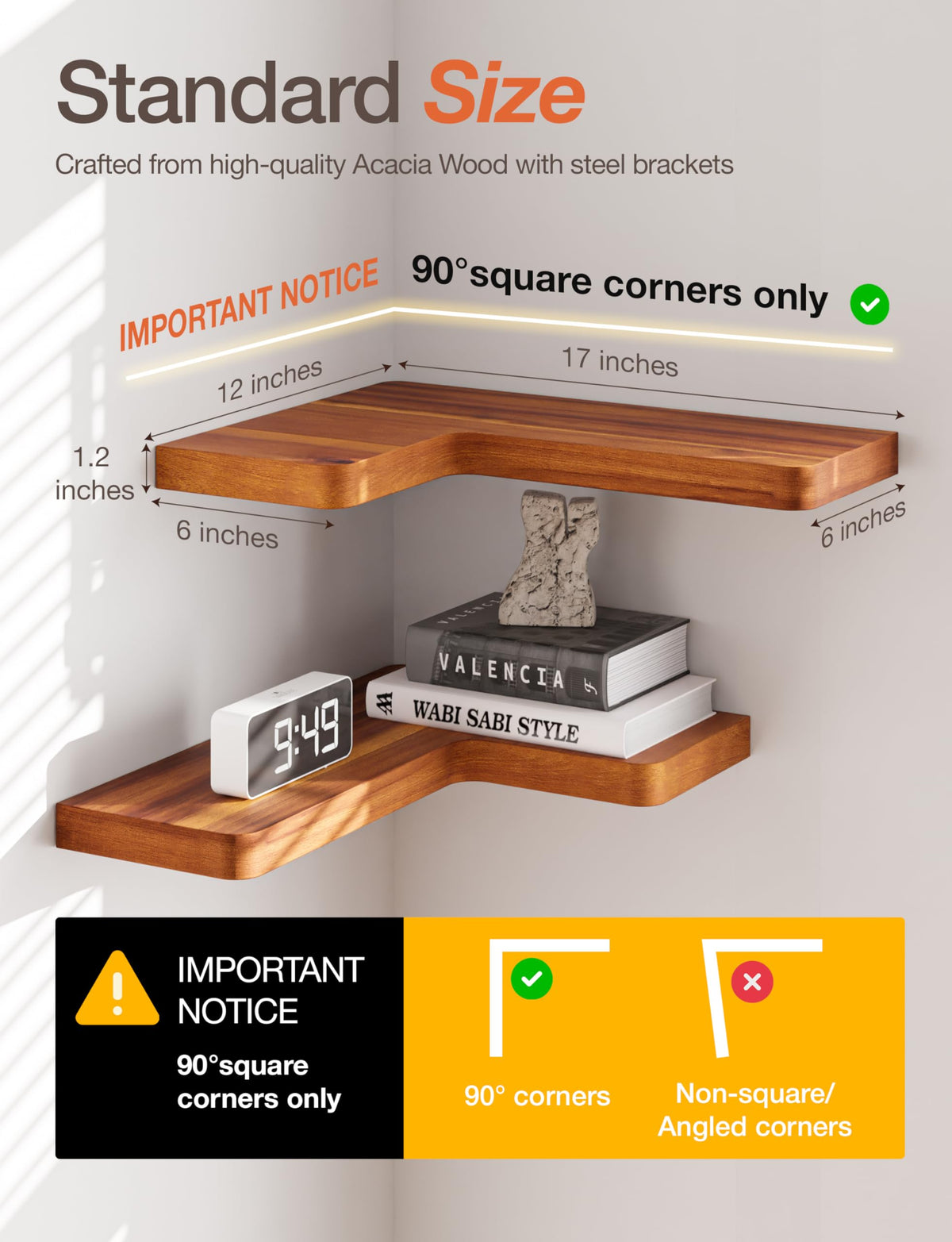 BATODA Acacia corner shelf installed in corner demonstrates space-saving wall storage