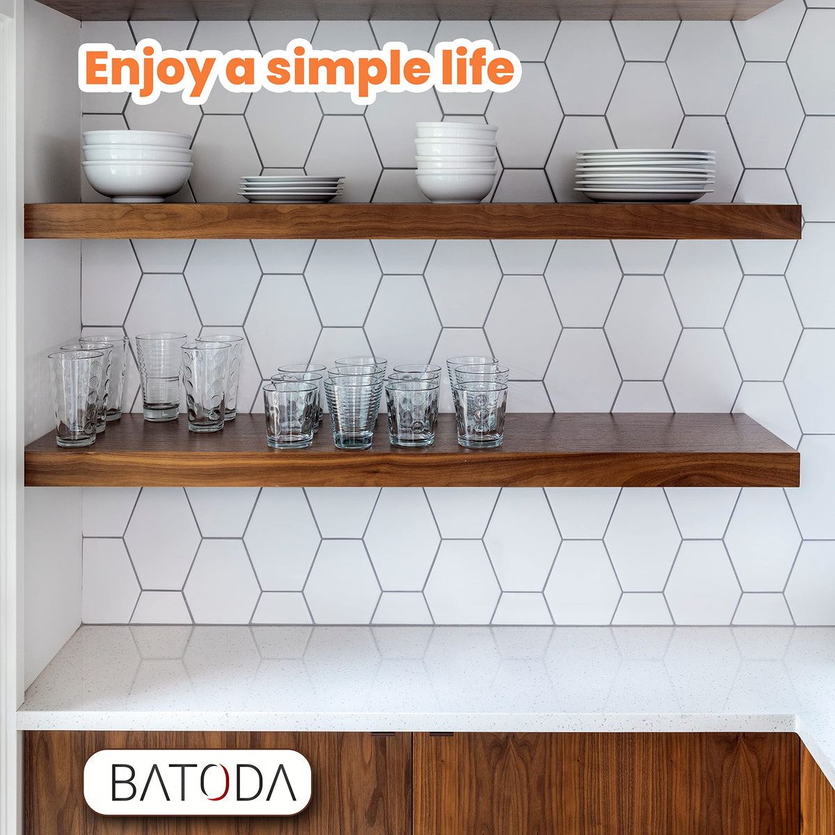 BATODA versatile wall shelves shown in living room and kitchen spaces