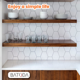 BATODA versatile wall shelves shown in living room and kitchen spaces