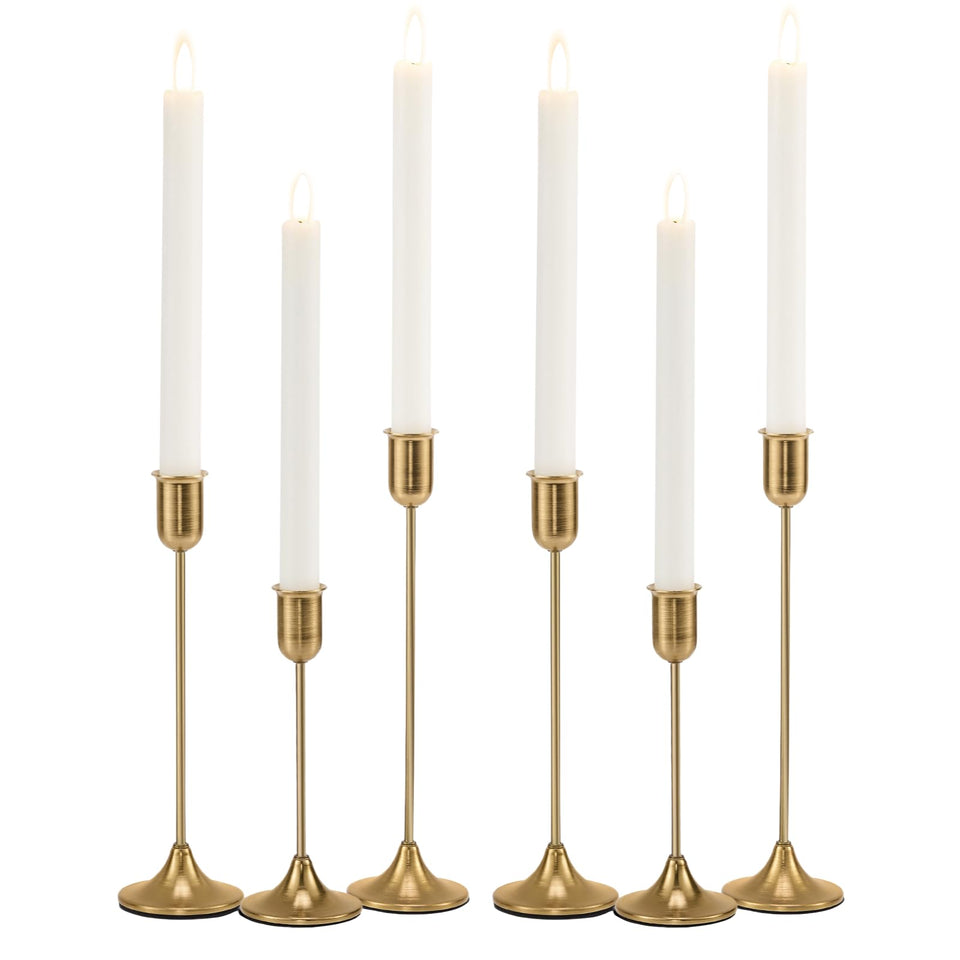 Batoslee brass gold candlestick set on a table centerpiece enhances warm ambiance.