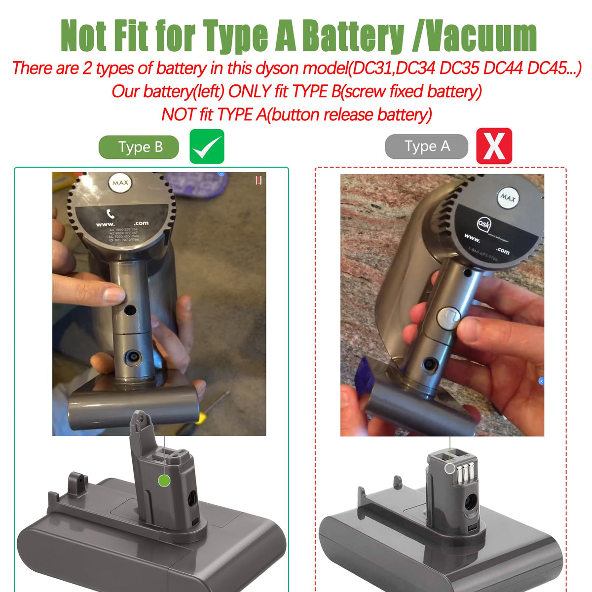 Batryuic battery compatible with Dyson Type B; screw-in design for secure installation.