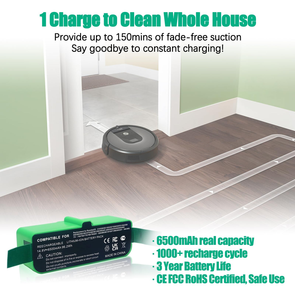 Batryuic Roomba battery 6500mAh on charging dock ready to use