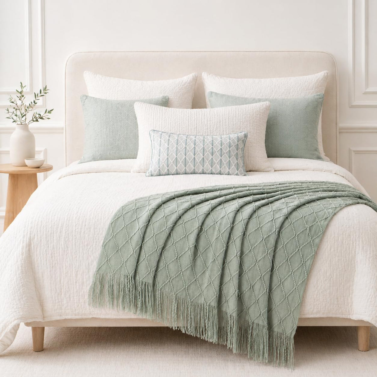 BATTILO HOME Sage Green Throw Blanket on sofa provides inviting warmth.