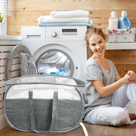 BATTOO collapsible laundry basket folded gray saves space when not in use.