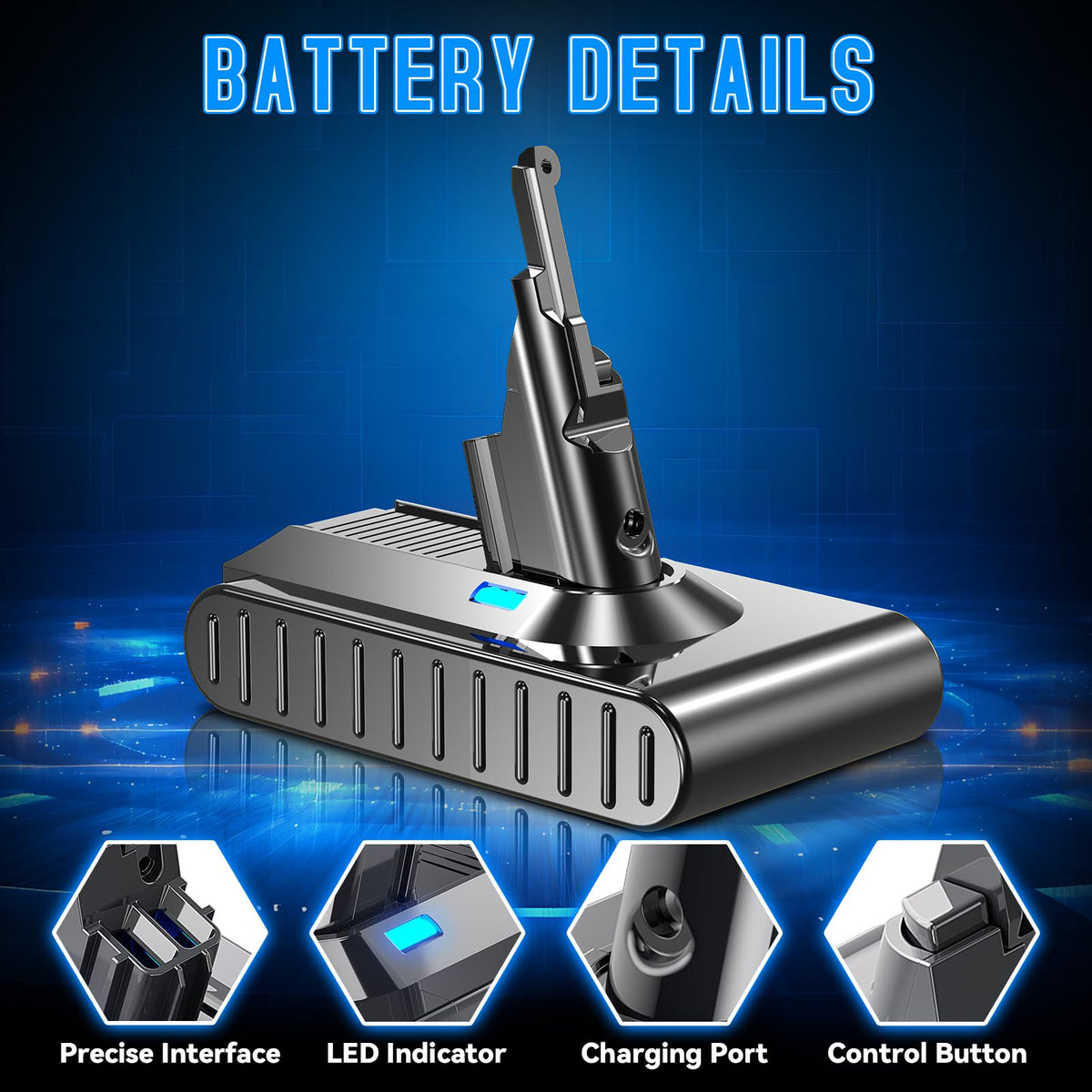 BATTOOL Dyson V8 battery with pre- and post-filters for clean performance.