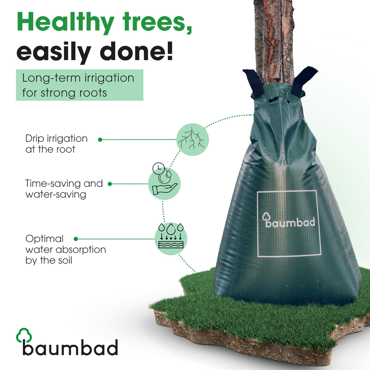 Baumbad tree bag around trunk with zip for secure watering.