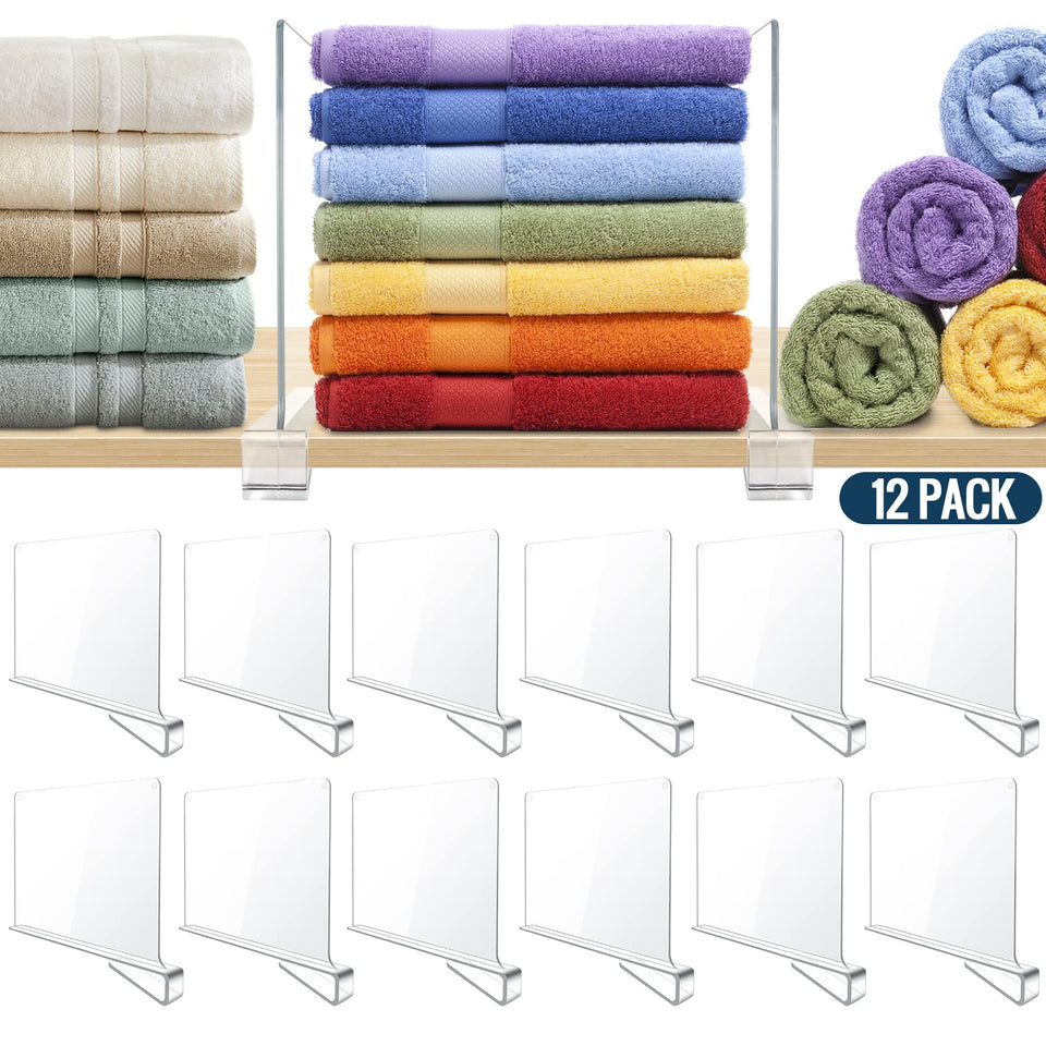Baumfeuer 12-pack clear acrylic shelf dividers keeping closet shelves tidy and items visible.