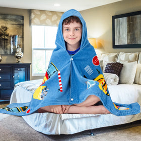 Bavilk towel with cartoon print adds bath-time fun.