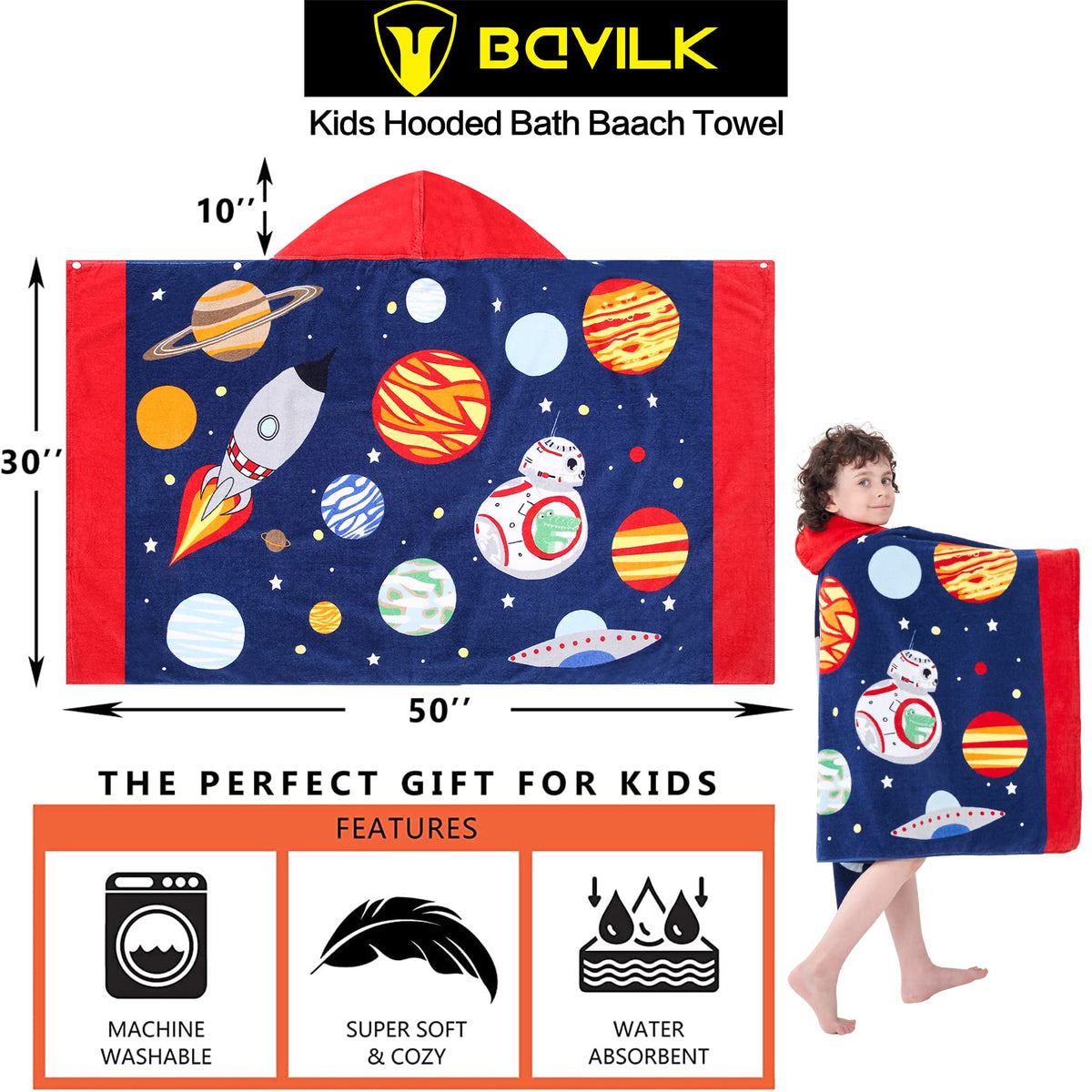 Bavilk hooded towel hood dries hair during windy outdoor days.