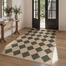 Bavni Checkered Easy Jute Rug top view in charcoal grey with non-slip backing for living rooms