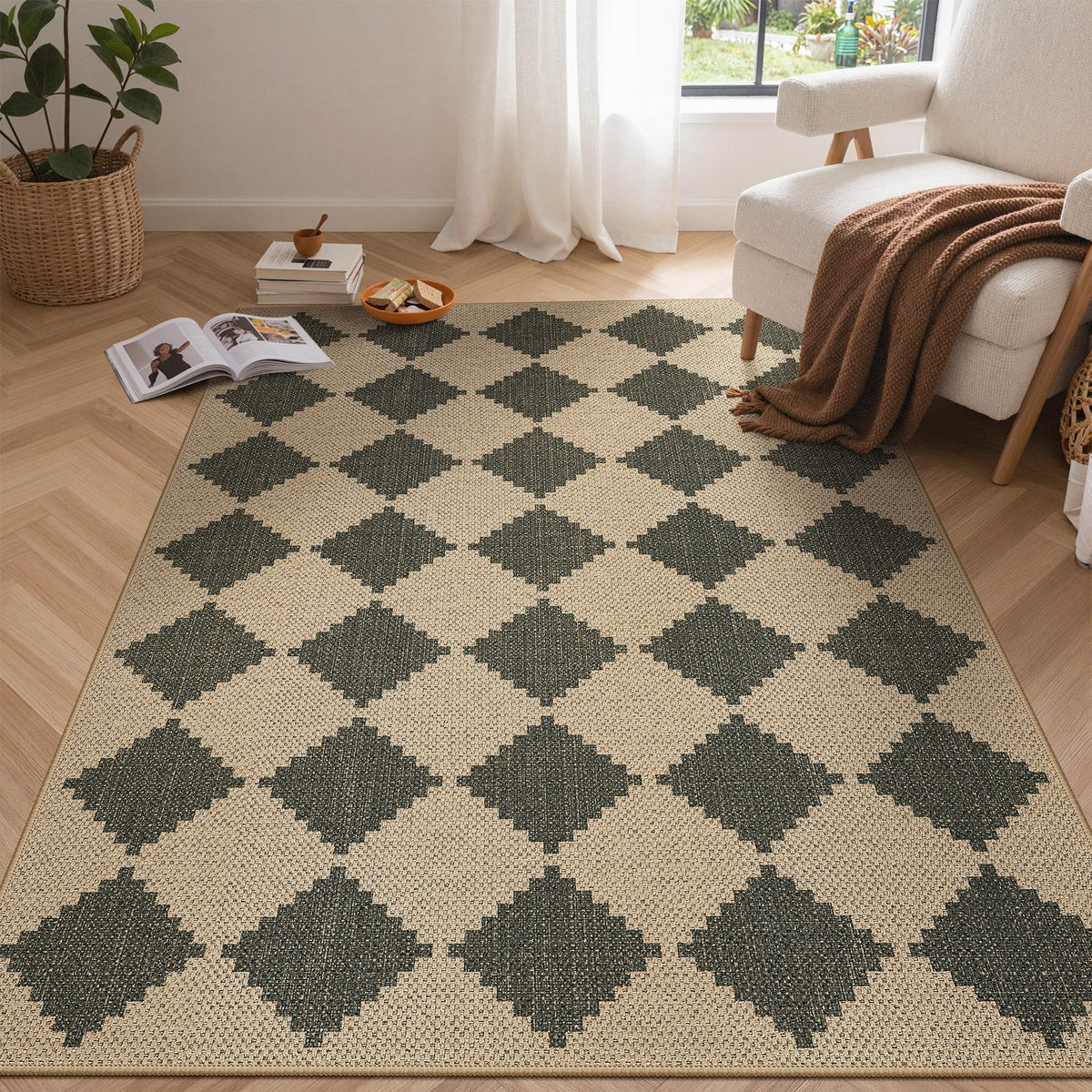 Bavni Checkered Easy Jute Rug packaging shows rolled design for easy setup