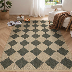 Bavni Checkered Easy Jute Rug packaging shows rolled design for easy setup
