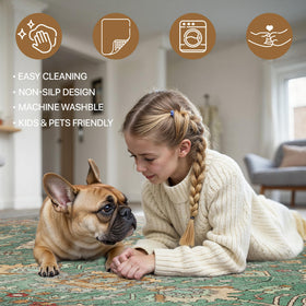 Bavni large 8x10 living-room rug with gold accents complements dark sage tones.