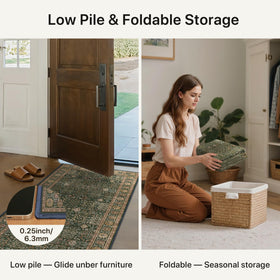 Bavni lightweight low-pile rug remains unobtrusive under furniture.
