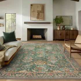 Bavni non-slip thin chenille rug in green sage keeps high-traffic flooring in place.