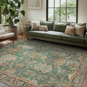 Bavni washable area rug 8x10 in green boho tumble vintage, cozy underfoot comfort.