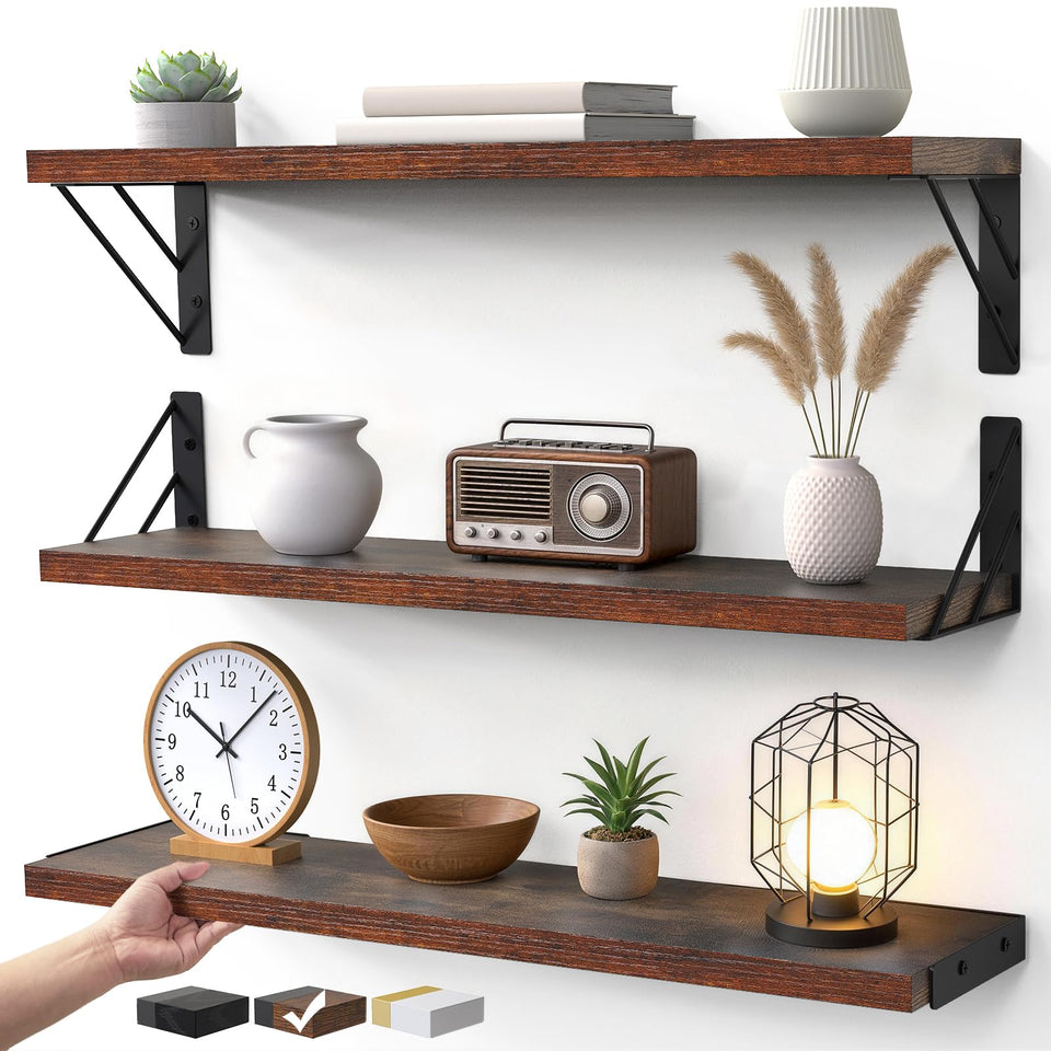 Bayka 23-in floating wall shelf display with rustic brown finish for stylish organization