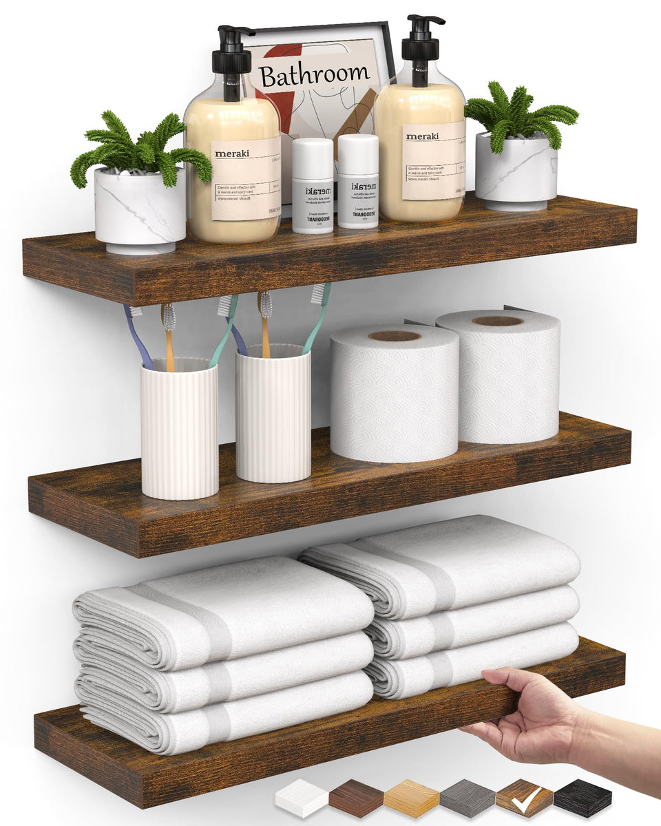 Bayka bathroom floating shelves over toilet for towels and decor.