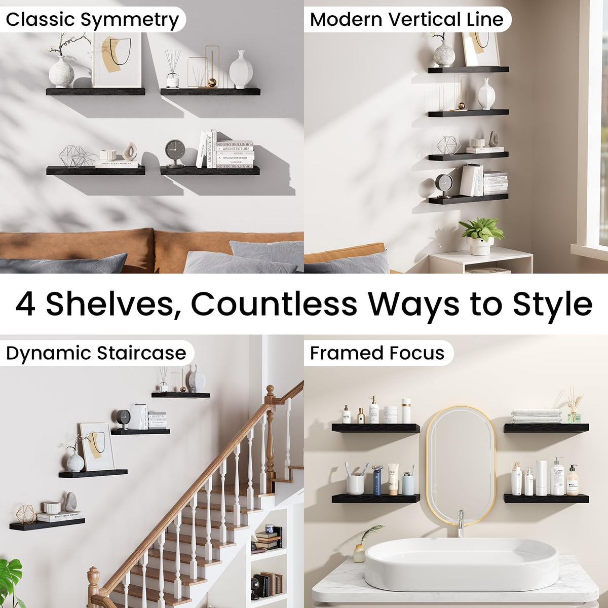 Bayka black finish shelves complement modern or rustic decor