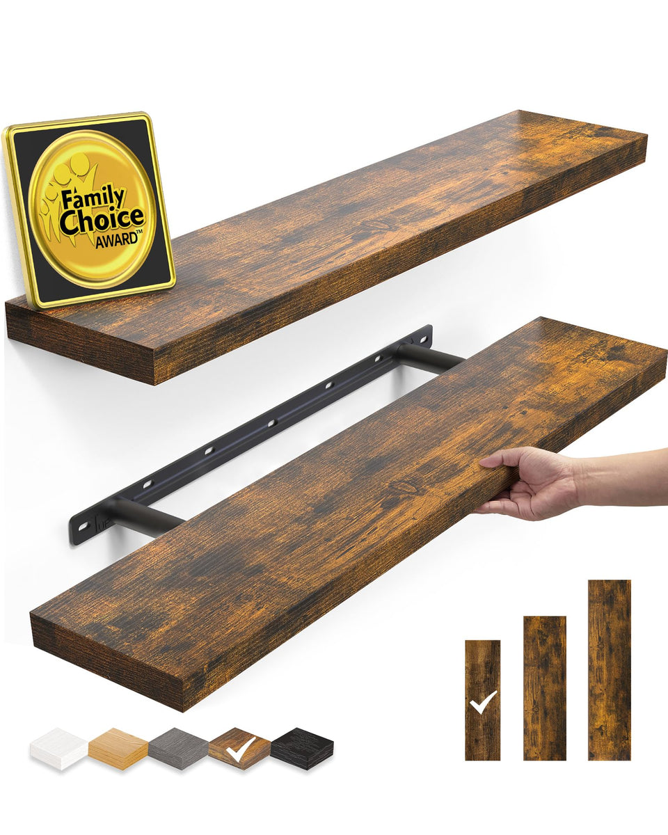 Bayka floating shelves in living room showing modern rustic design for space-saving display.