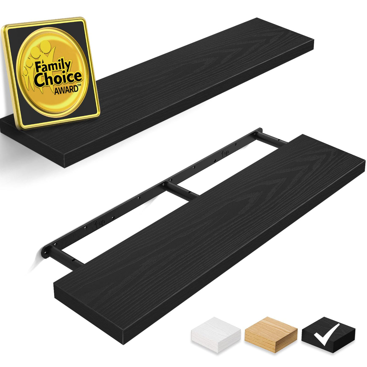 BAYKA floating shelves in black, 36-inch wall-mounted for compact book storage.