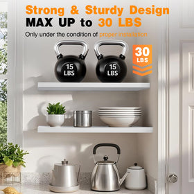 Bayka white shelves in living room create a tidy, airy display.
